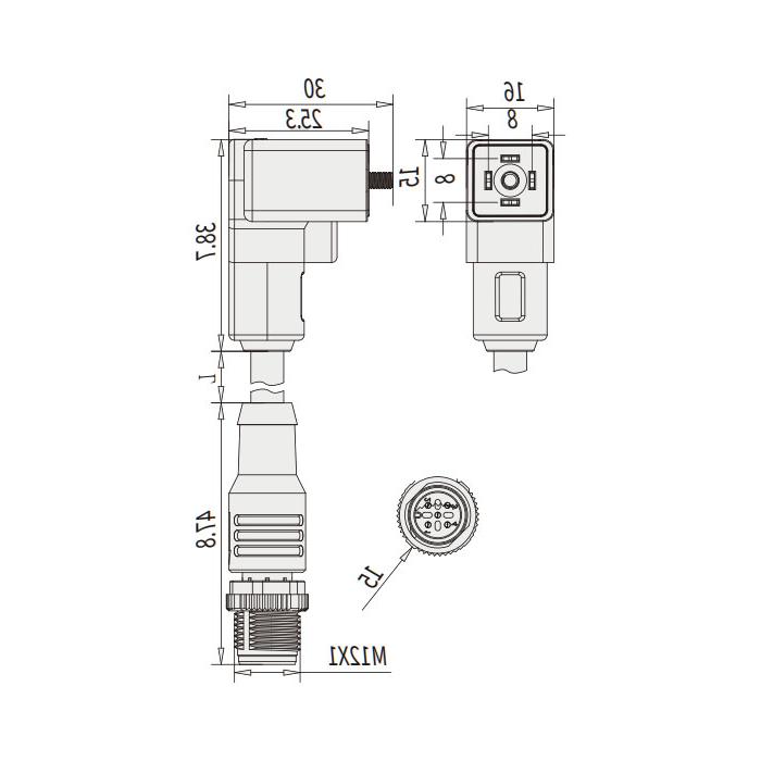 阀门插头类型C，DIN，8mm，4Pin/M12公头直型、双端预铸PVC非柔性电缆、灰色护套、6VC023-XXX